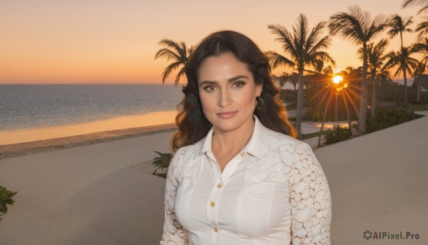 1girl,solo,long hair,breasts,looking at viewer,smile,brown hair,shirt,black hair,brown eyes,jewelry,medium breasts,closed mouth,white shirt,upper body,earrings,outdoors,sky,collared shirt,dark skin,dark-skinned female,tree,lips,dress shirt,buttons,wavy hair,beach,forehead,pocket,sunset,hoop earrings,realistic,palm tree,sun,bra visible through clothes,very dark skin,water,ocean