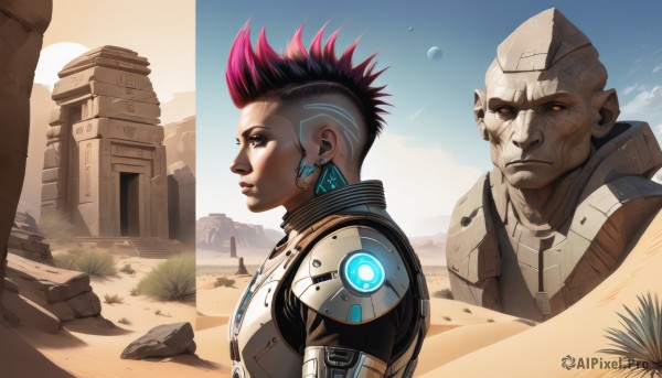 short hair,1boy,jewelry,upper body,pink hair,male focus,red hair,multicolored hair,earrings,outdoors,sky,day,signature,from side,two-tone hair,blue sky,lips,profile,glowing,robot,science fiction,rock,realistic,nose,bald,very short hair,undercut,ruins,cyborg,mohawk,cyberpunk,desert,dust,1girl,looking at viewer,brown eyes,white hair,dark skin,armor,official alternate costume,orange eyes,tattoo,scar,dark-skinned male,grass,spiked hair,portrait,scar across eye,sun,facial tattoo,power armor