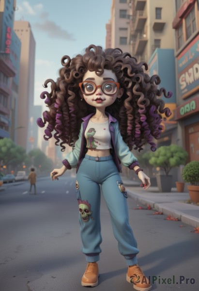 1girl,solo,long hair,breasts,looking at viewer,open mouth,brown hair,shirt,black hair,long sleeves,navel,brown eyes,jewelry,standing,collarbone,jacket,full body,white shirt,purple hair,multicolored hair,outdoors,parted lips,open clothes,sky,shoes,glasses,teeth,solo focus,day,midriff,pants,artist name,cloud,nail polish,blurry,flat chest,two-tone hair,open jacket,tree,blue sky,lips,crop top,fingernails,torn clothes,blood,gradient hair,makeup,blurry background,shadow,leaf,brown footwear,plant,denim,lipstick,ground vehicle,building,sneakers,red nails,motor vehicle,red-framed eyewear,curly hair,jeans,wide-eyed,blood on face,city,blue pants,red lips,car,potted plant,road,blood on clothes,print shirt,lamppost,street,zombie,blood on hands,torn pants,letterman jacket,pavement,crosswalk,torn jeans,denim jacket,sidewalk,smile,blue eyes,earrings,food,bracelet,wristband,walking,facepaint