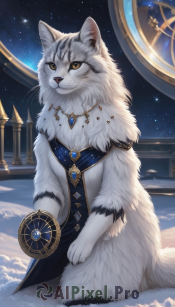 solo,jewelry,sitting,yellow eyes,outdoors,sky,artist name,signature,necklace,no humans,night,animal,cat,brooch,gem,star (sky),night sky,snow,starry sky,colored sclera,space,animal focus,white fur,planet,blue gemstone,fluffy,dress,cape,pendant,black fur