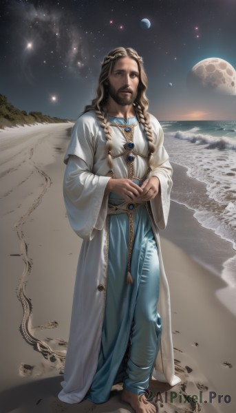 solo,long hair,looking at viewer,brown hair,long sleeves,1boy,dress,brown eyes,jewelry,standing,full body,braid,male focus,outdoors,sky,barefoot,pants,dark skin,wide sleeves,necklace,twin braids,toes,night,facial hair,beach,moon,dark-skinned male,star (sky),night sky,hair over shoulder,beard,starry sky,robe,realistic,sand,space,planet,earth (planet),white robe,desert,1girl,blonde hair,water,ocean,watermark,full moon,rock