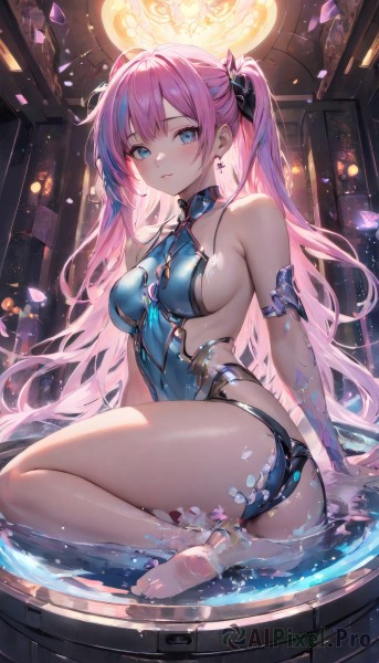 1girl,solo,long hair,breasts,looking at viewer,blush,bangs,blue eyes,ribbon,bare shoulders,twintails,jewelry,medium breasts,sitting,very long hair,closed mouth,blue hair,swimsuit,hair ribbon,pink hair,ass,sidelocks,thighs,multicolored hair,earrings,parted lips,barefoot,water,feet,two-tone hair,two side up,streaked hair,wet,legs,one-piece swimsuit,bare arms,petals,bare legs,sideboob,toes,arm support,soles,armlet,yokozuwari,large breasts,hair ornament,ahoge,sleeveless,shiny,indoors,nail polish,leotard,lips,partially submerged