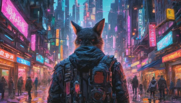 red eyes, jacket, outdoors, multiple boys, hood, night, building, scenery, science fiction, 6+boys, city, sign, road, cityscape, police, street, crowd, city lights, cyberpunk, neon lights