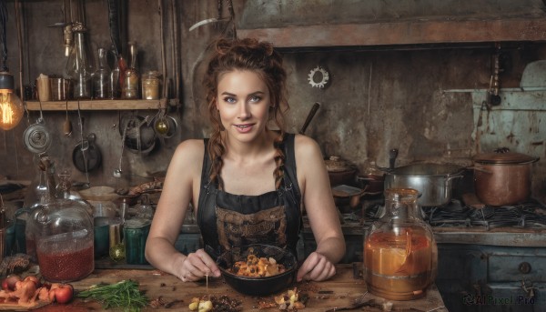 1girl,solo,long hair,looking at viewer,smile,blue eyes,brown hair,holding,bare shoulders,upper body,braid,parted lips,food,indoors,apron,twin braids,lips,table,tank top,bottle,knife,freckles,bowl,chopsticks,realistic,spoon,egg,cooking,ladle,kitchen,jar,vegetable,frying pan,spatula,counter,stove,kitchen knife,cutting board,onion,hook,sleeveless,tongue,cup,fruit,fork,apple,carrot,dirty,orange (fruit),tomato,light bulb,potato