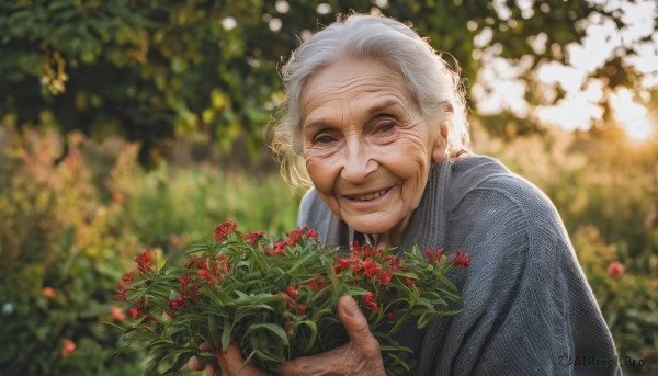 1girl,solo,looking at viewer,smile,1boy,holding,upper body,flower,white hair,grey hair,male focus,outdoors,japanese clothes,teeth,kimono,blurry,depth of field,blurry background,plant,realistic,old,old man,old woman,wrinkled skin,short hair