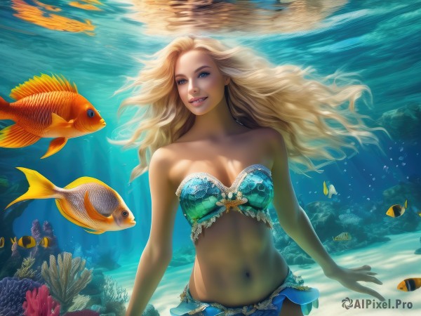 1girl,solo,long hair,breasts,smile,blue eyes,blonde hair,navel,cleavage,bare shoulders,medium breasts,swimsuit,bikini,parted lips,midriff,water,lips,strapless,floating hair,ocean,animal,sunlight,blue bikini,fish,bubble,light rays,underwater,realistic,air bubble,sunbeam,starfish,swimming,strapless bikini,freediving,coral,seaweed,clownfish,looking at viewer,teeth,monster girl,mermaid