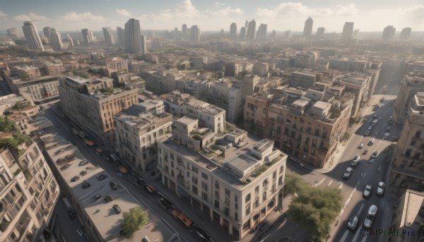 outdoors,sky,day,cloud,tree,no humans,window,from above,sunlight,ground vehicle,building,scenery,motor vehicle,city,car,road,cityscape,bridge,street,skyscraper,rooftop,cloudy sky,vehicle focus,river,truck