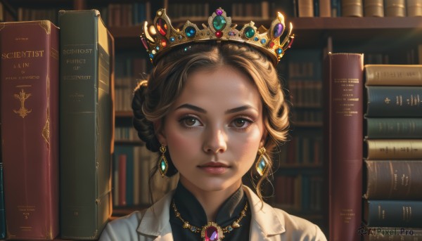 1girl,solo,long hair,looking at viewer,blonde hair,brown hair,shirt,brown eyes,jewelry,closed mouth,braid,earrings,collared shirt,artist name,indoors,necklace,hair bun,blurry,lips,book,black shirt,blurry background,expressionless,crown,brooch,gem,portrait,forehead,freckles,realistic,nose,labcoat,bookshelf,book stack,library