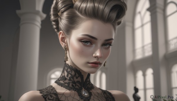 1girl,solo,looking at viewer,short hair,brown hair,dress,bare shoulders,brown eyes,jewelry,closed mouth,earrings,solo focus,artist name,indoors,hair bun,mole,blurry,lips,grey eyes,mole under eye,makeup,blurry background,piercing,single hair bun,brooch,portrait,freckles,realistic,church,hair ornament,eyelashes,window,gem,ear piercing,mole under mouth,nose,red lips,nose piercing,eyebrow piercing