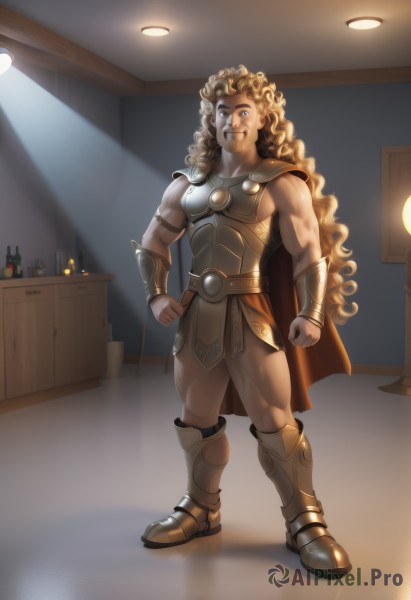 solo,long hair,looking at viewer,smile,blue eyes,blonde hair,1boy,very long hair,standing,full body,male focus,boots,artist name,indoors,cape,armor,muscular,facial hair,bottle,shoulder armor,beard,clenched hands,curly hair,breastplate,light,bracer,brown hair,teeth,belt,grin,watermark,alcohol,hands on hips,lamp,wine bottle,bar (place)