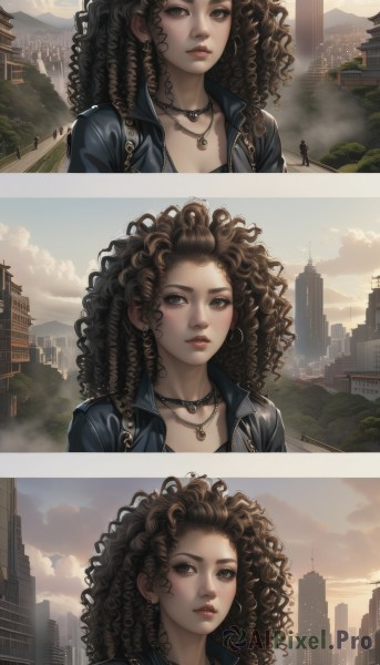 1girl,long hair,looking at viewer,brown hair,brown eyes,jewelry,jacket,upper body,comic,earrings,outdoors,parted lips,sky,choker,day,cloud,necklace,lips,cloudy sky,building,curly hair,city,realistic,nose,cityscape,leather,big hair,skyscraper,leather jacket,tree,makeup,multiple views,watermark,sunlight,scenery,3koma,denim jacket