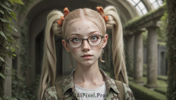 1girl,solo,long hair,looking at viewer,blonde hair,shirt,bow,twintails,brown eyes,jewelry,collarbone,jacket,white shirt,upper body,hair bow,earrings,parted lips,glasses,artist name,blurry,lips,depth of field,blurry background,leaf,plant,portrait,forehead,freckles,black-framed eyewear,realistic,orange bow,round eyewear,camouflage,camouflage jacket,blood,blood on face,blood on clothes,dirty,dirty face,dirty clothes