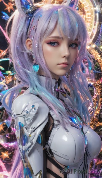 1girl,solo,long hair,breasts,looking at viewer,bangs,blue eyes,hair ornament,twintails,jewelry,medium breasts,closed mouth,blue hair,upper body,pink hair,white hair,multicolored hair,earrings,shiny,lips,eyelashes,bodysuit,gradient hair,makeup,headgear,expressionless,skin tight,science fiction,nose,hairband,artist name,armor,looking to the side,watermark,gem,realistic