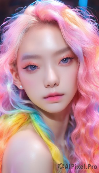 1girl,solo,long hair,looking at viewer,blue eyes,blonde hair,bare shoulders,jewelry,closed mouth,blue hair,pink hair,multicolored hair,earrings,blurry,two-tone hair,lips,eyelashes,makeup,wavy hair,piercing,feathers,lipstick,portrait,close-up,eyeshadow,pink lips,realistic,nose,stud earrings,eyeliner,mascara,rainbow hair,upper body,artist name,orange hair,gradient hair,watermark,web address,forehead