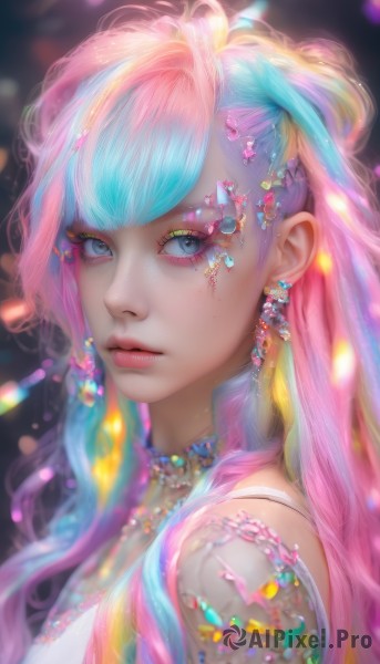 1girl,solo,long hair,looking at viewer,bangs,blue eyes,blonde hair,hair ornament,jewelry,blue hair,upper body,pink hair,multicolored hair,earrings,parted lips,choker,necklace,blurry,from side,two-tone hair,lips,streaked hair,looking to the side,eyelashes,aqua hair,gradient hair,makeup,depth of field,blurry background,lipstick,gem,portrait,eyeshadow,beads,realistic,nose,red lips,eyeliner,colorful,mascara,blue eyeshadow,rainbow hair,bare shoulders,closed mouth,artist name,star (symbol),grey eyes,feathers,pink lips,pearl (gemstone)