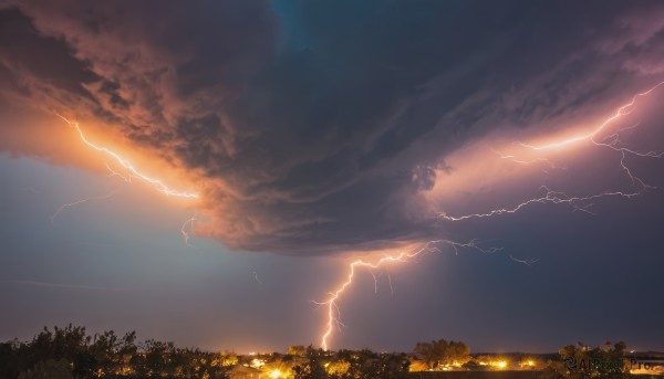 A lightning captured beautifully in a dynamic sunset outdoors