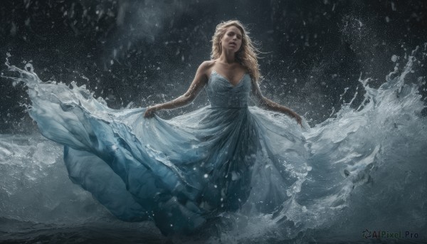 elsa (frozen),1girl,solo,long hair,breasts,blue eyes,blonde hair,dress,cleavage,bare shoulders,medium breasts,closed eyes,hairband,water,white dress,lips,strapless,blue dress,strapless dress,snow,snowing,realistic,skirt hold,long dress,waves,standing,tiara