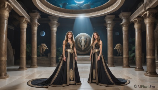 long hair,breasts,looking at viewer,multiple girls,brown hair,dress,2girls,bare shoulders,brown eyes,jewelry,standing,sky,sleeveless,black dress,bracelet,siblings,moon,sisters,star (sky),armlet,arms at sides,crescent moon,planet,pillar,statue,arch,column,black hair,cleavage,hood,night,night sky,starry sky