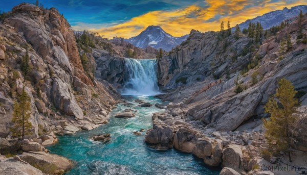 A peaceful sunset day with a waterfall