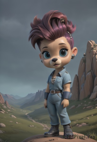 1girl,solo,looking at viewer,smile,short hair,open mouth,blue eyes,brown hair,shirt,animal ears,jewelry,standing,full body,ponytail,earrings,boots,outdoors,sky,belt,pants,cloud,chibi,black footwear,uniform,piercing,blue shirt,ear piercing,furry,rock,mountain,furry female,police,police uniform,hair ornament,jacket,short sleeves,parted lips,shoes,teeth,hairclip,artist name,signature,necklace,lips,makeup,grass,wristband,buckle,zipper,freckles,pocket,stud earrings,animal nose,jumpsuit,cliff