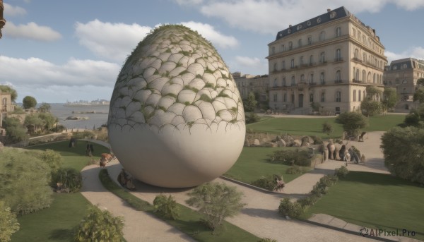 outdoors,multiple boys,sky,day,cloud,tree,blue sky,no humans,animal,cloudy sky,grass,building,scenery,city,fantasy,road,bush,house,path,oversized animal,bird,egg,castle,statue,turtle,people,6+others