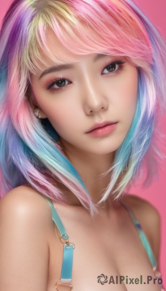 1girl,solo,breasts,looking at viewer,short hair,bangs,blonde hair,simple background,cleavage,bare shoulders,brown eyes,jewelry,medium breasts,closed mouth,underwear,blue hair,collarbone,swimsuit,upper body,pink hair,bikini,multicolored hair,earrings,bra,black eyes,two-tone hair,lips,head tilt,eyelashes,gradient hair,makeup,swept bangs,pink background,lipstick,eyeshadow,pink lips,realistic,nose,mascara,long hair,large breasts,piercing,portrait