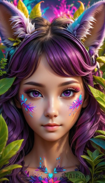 1girl,solo,long hair,looking at viewer,bangs,animal ears,closed mouth,purple eyes,collarbone,purple hair,lips,animal ear fluff,fox ears,eyelashes,makeup,swept bangs,leaf,facial mark,plant,lipstick,portrait,close-up,eyeshadow,freckles,pink lips,nose,eyeliner,mascara,flower,artist name,paint splatter