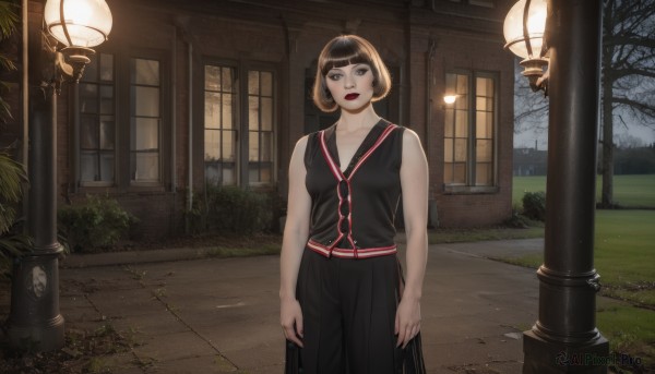 1girl,solo,breasts,looking at viewer,short hair,bangs,skirt,brown hair,shirt,black hair,bare shoulders,brown eyes,closed mouth,standing,collarbone,outdoors,sleeveless,blunt bangs,black skirt,black eyes,tree,lips,bare arms,black shirt,window,sleeveless shirt,makeup,night,bob cut,plant,lipstick,building,long skirt,arms at sides,red lips,road,bush,lamppost,grass,eyewear removed,eyewear hang