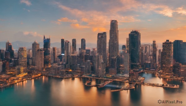 outdoors,sky,cloud,water,blurry,blue sky,no humans,cloudy sky,building,scenery,reflection,sunset,city,cityscape,river,skyscraper,orange sky,skyline,ground vehicle,watercraft,bridge,evening,tower,city lights,crane (machine),real world location