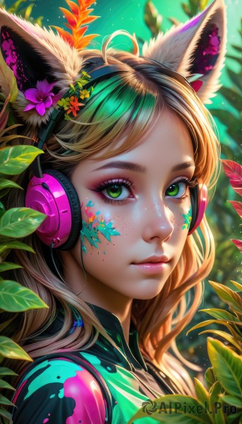 1girl,solo,long hair,looking at viewer,bangs,blonde hair,brown hair,hair ornament,animal ears,closed mouth,green eyes,upper body,flower,ahoge,multicolored hair,outdoors,green hair,artist name,cat ears,hair flower,blurry,from side,lips,animal ear fluff,parted bangs,fox ears,eyelashes,makeup,swept bangs,headphones,leaf,watermark,facial mark,plant,lipstick,portrait,eyeshadow,freckles,pink lips,nose,purple flower,red lips,eyeliner,whisker markings,facepaint,mascara,star (symbol),depth of field,fake animal ears,web address,light particles,colorful,animal ear headphones