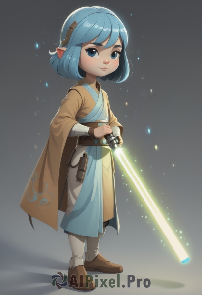 1girl,solo,looking at viewer,smile,short hair,bangs,blue eyes,simple background,long sleeves,holding,closed mouth,blue hair,standing,full body,weapon,hairband,boots,pointy ears,belt,sword,wide sleeves,grey background,cape,holding weapon,brown footwear,holding sword,freckles,robe,energy sword,tunic,lightsaber,blush,shoes,glowing,glowing weapon,glowing sword