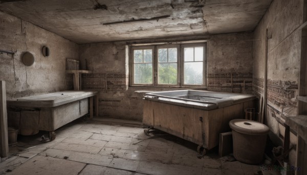 day,indoors,tree,no humans,window,sunlight,scenery,door,tiles,ruins,sink,industrial pipe,faucet,chair,bucket,wall,tile floor,bathroom,stool,bathtub,tile wall,toilet,ladder,cabinet,washing machine