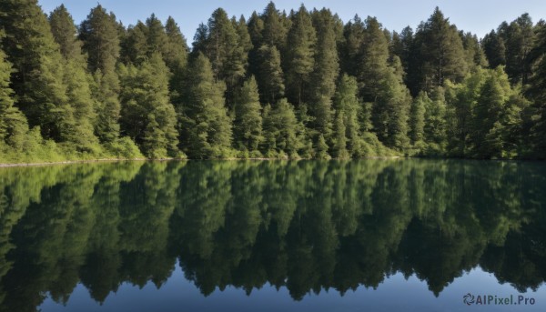 outdoors,sky,day,cloud,water,tree,blue sky,no humans,nature,scenery,forest,reflection,mountain,river,landscape,lake,fantasy,reflective water