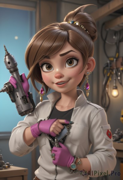 1girl,solo,looking at viewer,smile,short hair,open mouth,brown hair,shirt,hair ornament,gloves,holding,brown eyes,jewelry,jacket,upper body,weapon,earrings,teeth,indoors,fingerless gloves,hair bun,nail polish,holding weapon,blurry,bracelet,lips,gun,black shirt,eyelashes,blurry background,single hair bun,thick eyebrows,holding gun,zipper,freckles,unzipped,purple gloves,pink gloves,jumpsuit,wrench,parted lips,belt,white jacket,zipper pull tab