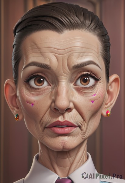 1girl,solo,looking at viewer,short hair,brown hair,shirt,black hair,brown eyes,jewelry,white shirt,earrings,parted lips,necktie,teeth,collared shirt,blurry,lips,blurry background,facial mark,portrait,freckles,realistic,nose,old,old woman,wrinkled skin,1boy,male focus