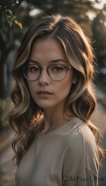 1girl,solo,long hair,looking at viewer,brown hair,shirt,brown eyes,closed mouth,white shirt,upper body,short sleeves,outdoors,glasses,day,artist name,blurry,tree,lips,depth of field,blurry background,wavy hair,sunlight,forehead,freckles,realistic,nose,round eyewear,brown-framed eyewear,parted lips,teeth,mole,eyelashes,leaf,watermark,backlighting,bokeh