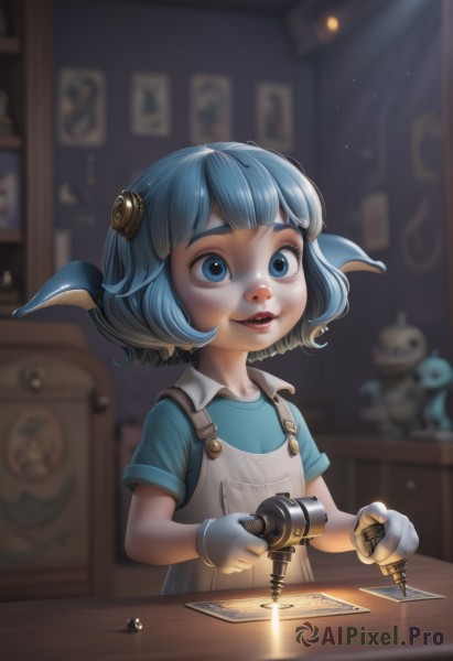 1girl,solo,smile,short hair,open mouth,bangs,blue eyes,shirt,hair ornament,gloves,holding,blue hair,upper body,short sleeves,parted lips,teeth,collared shirt,artist name,indoors,white gloves,blunt bangs,blurry,lips,depth of field,blurry background,stuffed toy,thick eyebrows,stuffed animal,blue shirt,child,realistic,female child,overalls,blue overalls,bird,table,sunlight,freckles,light rays,nose,light,toy,screwdriver,screw