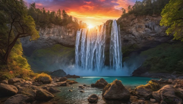 A waterfall amidst a calm sunset outdoors