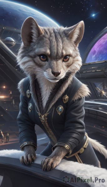 solo,looking at viewer,brown eyes,jewelry,tail,sky,necklace,no humans,night,animal,moon,cat,star (sky),night sky,claws,furry,pendant,starry sky,space,animal focus,planet,whiskers,earth (planet),spacecraft,clothed animal,1girl,long sleeves,jacket,uniform,vest,black jacket,watermark,realistic,badge,grey fur