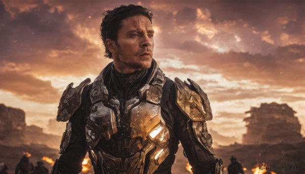 solo,short hair,black hair,1boy,closed mouth,upper body,male focus,outdoors,multiple boys,sky,solo focus,cloud,dark skin,armor,blurry,looking to the side,facial hair,scar,dark-skinned male,cloudy sky,fire,shoulder armor,scar on face,science fiction,realistic,black eyes,smoke,dirty,power armor,embers