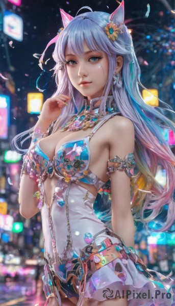 1girl,solo,long hair,breasts,looking at viewer,smile,bangs,blue eyes,hair ornament,animal ears,cleavage,bare shoulders,jewelry,medium breasts,closed mouth,blue hair,standing,flower,ahoge,multicolored hair,cowboy shot,earrings,outdoors,cat ears,hand up,hair flower,nail polish,blurry,bracelet,leotard,lips,fingernails,covered navel,gradient hair,depth of field,blurry background,gem,armlet,arm behind back,realistic,confetti,skirt,swimsuit,pink hair,artist name,signature,necklace,eyelashes,detached collar,night,fake animal ears,watermark,zipper,nose