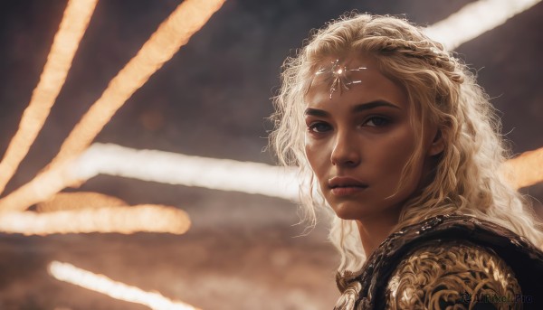 1girl,solo,long hair,looking at viewer,blue eyes,blonde hair,jewelry,closed mouth,upper body,white hair,dark skin,armor,mole,blurry,from side,dark-skinned female,lips,looking to the side,mole under eye,blurry background,wavy hair,portrait,freckles,circlet,realistic,nose,curly hair