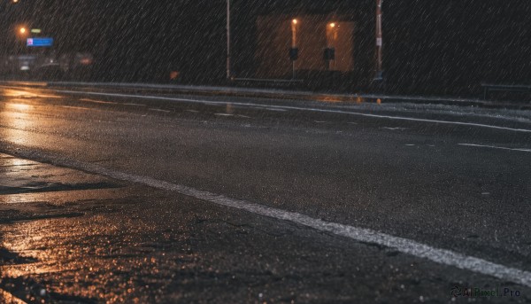 outdoors,sky,no humans,night,ground vehicle,building,night sky,scenery,rain,city,sign,car,light,road,cityscape,lamppost,street,road sign,city lights,crosswalk,real world location,water drop,fence,dark,lights,guard rail