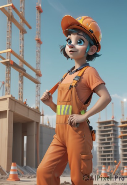 1girl,solo,smile,short hair,open mouth,blue eyes,shirt,black hair,hat,short sleeves,outdoors,sky,day,bag,flat chest,blue sky,suspenders,building,overalls,giant,giantess,orange headwear,standing,blurry,hand on hip,helmet,nose,orange shirt,wrench,crane (machine),hardhat