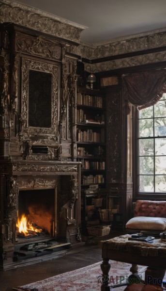 day,indoors,tree,book,no humans,window,chair,table,fire,curtains,scenery,couch,wooden floor,bookshelf,candle,book stack,armchair,painting (object),carpet,candlestand,burning,rug,chandelier,fireplace,solo,sitting,cup,pillow,blood