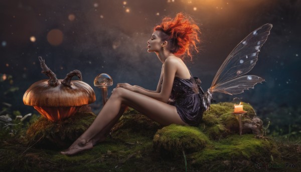 1girl,solo,short hair,dress,bare shoulders,jewelry,sitting,full body,closed eyes,red hair,earrings,outdoors,wings,barefoot,artist name,orange hair,blurry,black dress,from side,lips,legs,bare arms,bare legs,strapless,profile,night,depth of field,watermark,short dress,grass,bug,looking up,nature,strapless dress,light particles,minigirl,realistic,antennae,fairy wings,candle,fairy,mushroom,dirty,bokeh,butterfly wings,dirty feet,fantasy