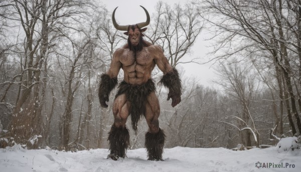 solo,brown hair,1boy,navel,animal ears,nipples,full body,male focus,thighs,outdoors,horns,dark skin,tree,muscular,facial hair,abs,dark-skinned male,pectorals,muscular male,nature,bara,beard,snow,forest,large pectorals,walking,topless male,new year,snowing,mature male,cow ears,cow horns,chinese zodiac,winter,chest hair,fur,loincloth,bare tree,navel hair,year of the ox,cow boy,long hair,pointy ears,piercing,scenery,hooves