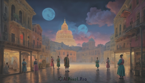 long hair,short hair,multiple girls,brown hair,black hair,hat,dress,standing,outdoors,multiple boys,sky,cloud,night,6+girls,moon,cloudy sky,building,night sky,scenery,full moon,reflection,walking,6+boys,robe,city,road,architecture,lamppost,cane,crowd,child