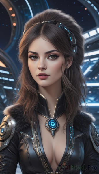 1girl,solo,long hair,breasts,looking at viewer,brown hair,cleavage,brown eyes,jewelry,medium breasts,upper body,hairband,earrings,lips,fur trim,bodysuit,makeup,zipper,freckles,science fiction,realistic,nose,unzipped,bangs,jacket,parted lips,signature,necklace,parted bangs,eyelashes,breasts apart,forehead,eyeshadow,fur collar,center opening,eyeliner