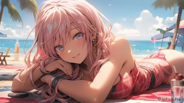 1girl,solo,long hair,breasts,looking at viewer,blush,smile,bangs,blue eyes,large breasts,cleavage,hair between eyes,bare shoulders,jewelry,medium breasts,swimsuit,pink hair,ass,bikini,earrings,outdoors,lying,parted lips,sky,day,cloud,water,nail polish,blurry,bracelet,tree,cup,blue sky,lips,fingernails,one-piece swimsuit,plaid,depth of field,blurry background,bird,ocean,umbrella,beach,sunlight,bottle,on stomach,towel,wristband,pink nails,drinking glass,head rest,drinking straw,sand,palm tree,horizon,bangle,casual one-piece swimsuit,beach umbrella,red one-piece swimsuit,beach towel,lounge chair,beach chair,pink one-piece swimsuit,frills,sleeveless,chair,camisole,frilled bikini,pink bikini,plaid bikini